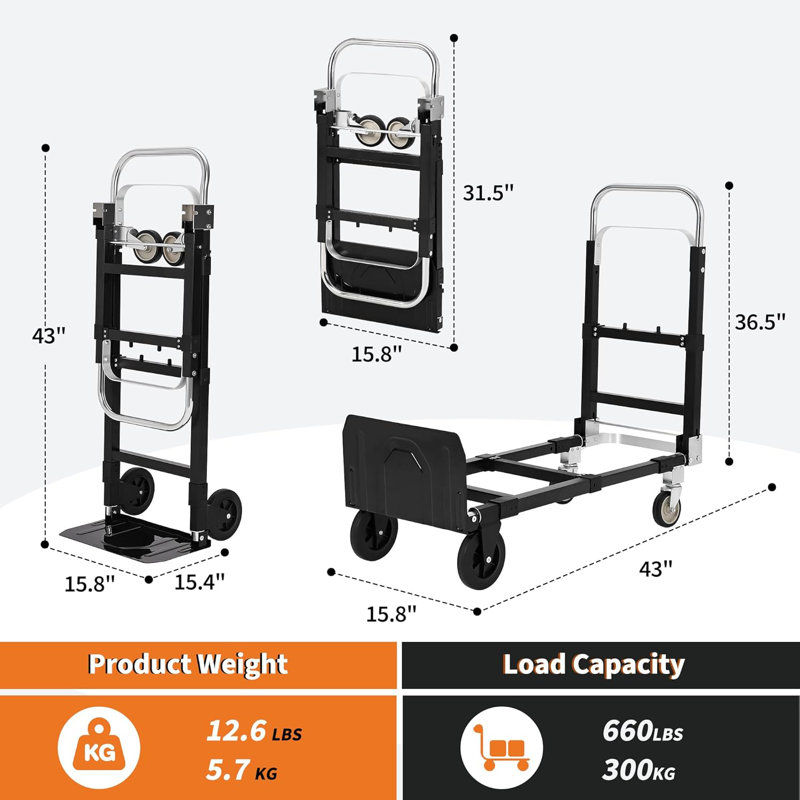 Chariot de transport manuel 2 en 1, chariot pliant en acier au carbone avec roues et sangles élastiques, capacité de charge de 220 lb pour la maison, le bureau, l'entrepôt, le magasin d'alimentation