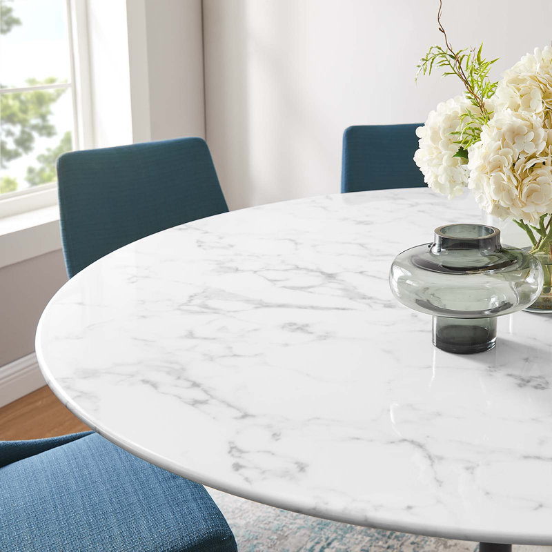 Mid-Century Modern 60" Round Wood & Marble Dining Table