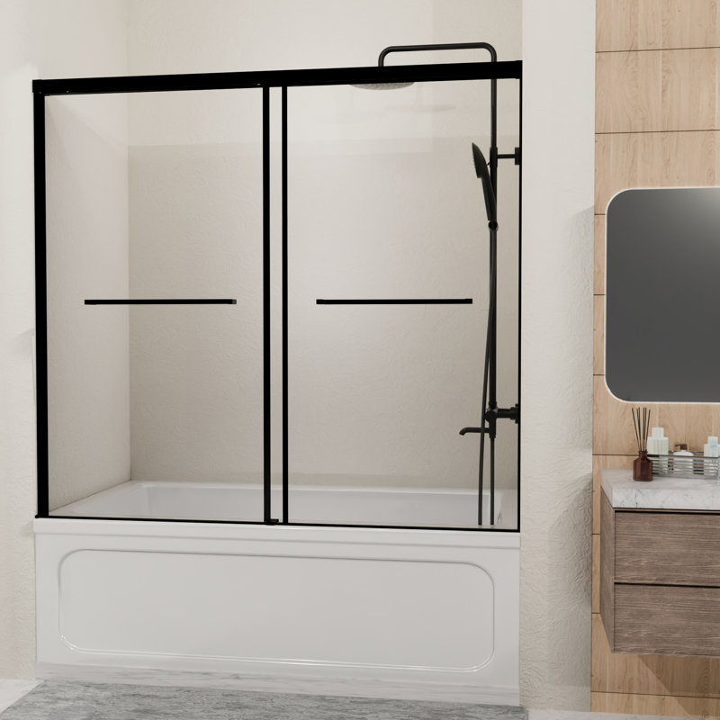 Noir mat 60 po Double porte de douche coulissante avec verre trempé transparent 1/4, semi-éclaboussure, réversible, installation facile pour la salle de bain réversible
