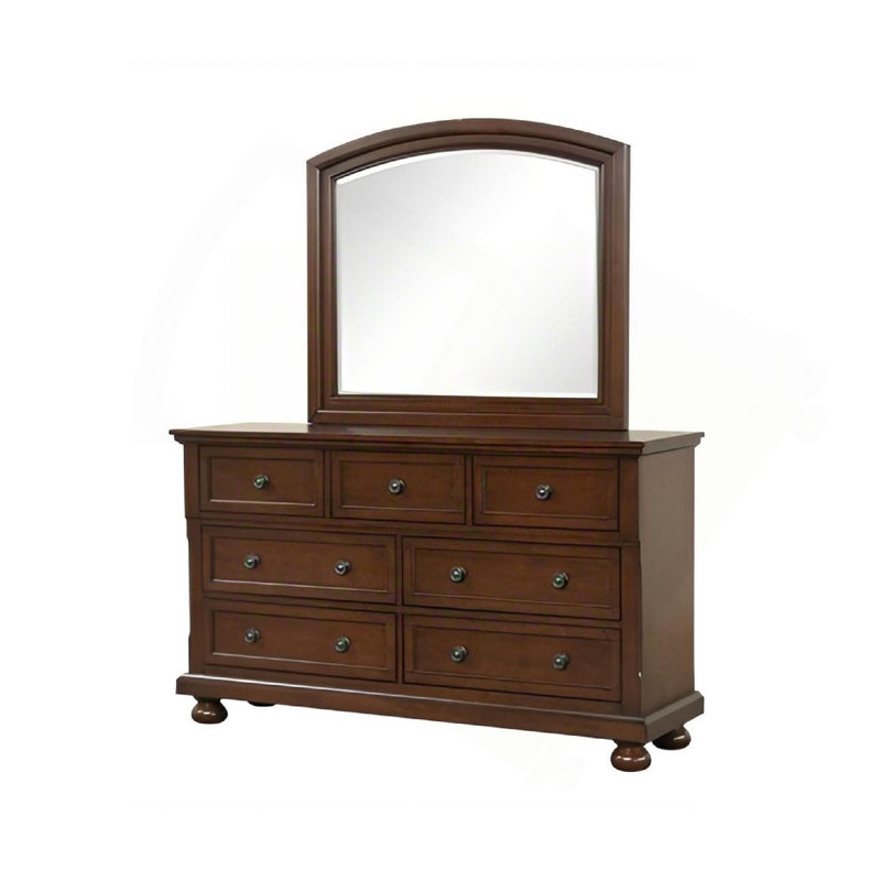 La commode et la commode avec une finition en bois et des boutons classiques combinent un charme traditionnel avec un rangement de chambre peu encombrant