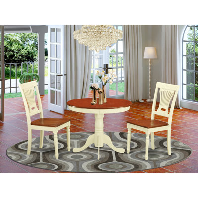3 Piece Dining Set Contains a Round Dining Room Table with Pedestal and 2 Wood Seat Chairs, 36x36 Inch, Buttermilk & Cherry