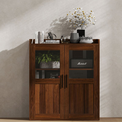 Armoire latérale moderne à deux portes en noyer avec panneaux de verre et poignées en arc 31,4 po Cheadle
