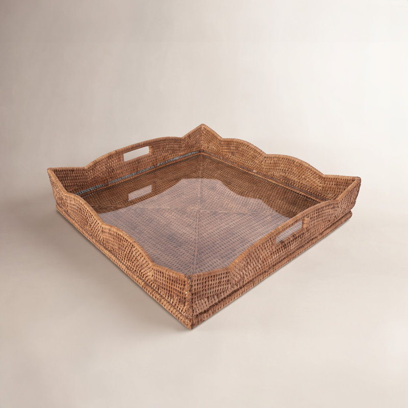 Landry Handmade Rattan Tray, With Glass, 4.5" H x 20" W x 20" D, Honey Brown