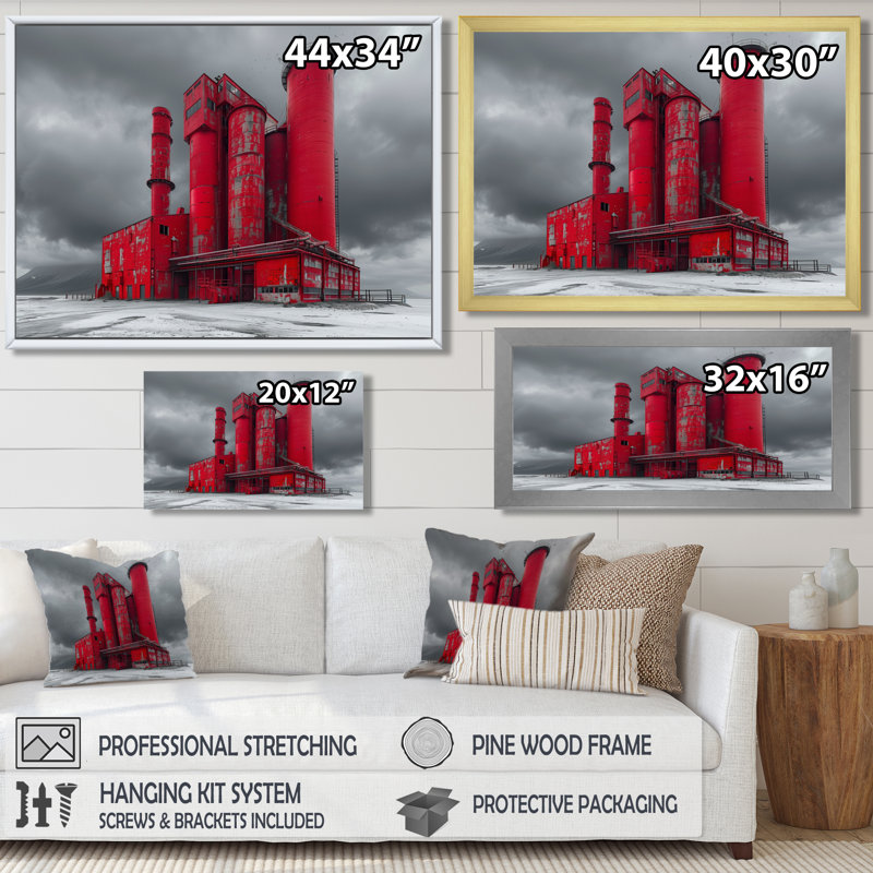 Red Gray Industrial Industrial Factories - Art mural, Toile argentée avec cadre flottant, H 12 po x l 20 po x P 1 po