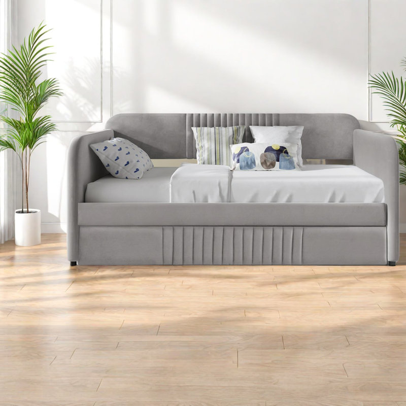 Elegant Upholstered Twin Daybed With Trundle, Velvet, Space-saving Modern Design