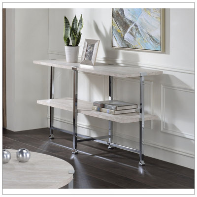 Table de canapé demi-lune avec support de traverse, chêne blanc et chrome