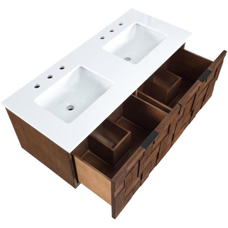 Leonardo Engineered Stone and Solid Wood Wall Mounted Bathroom Vanity, Brown