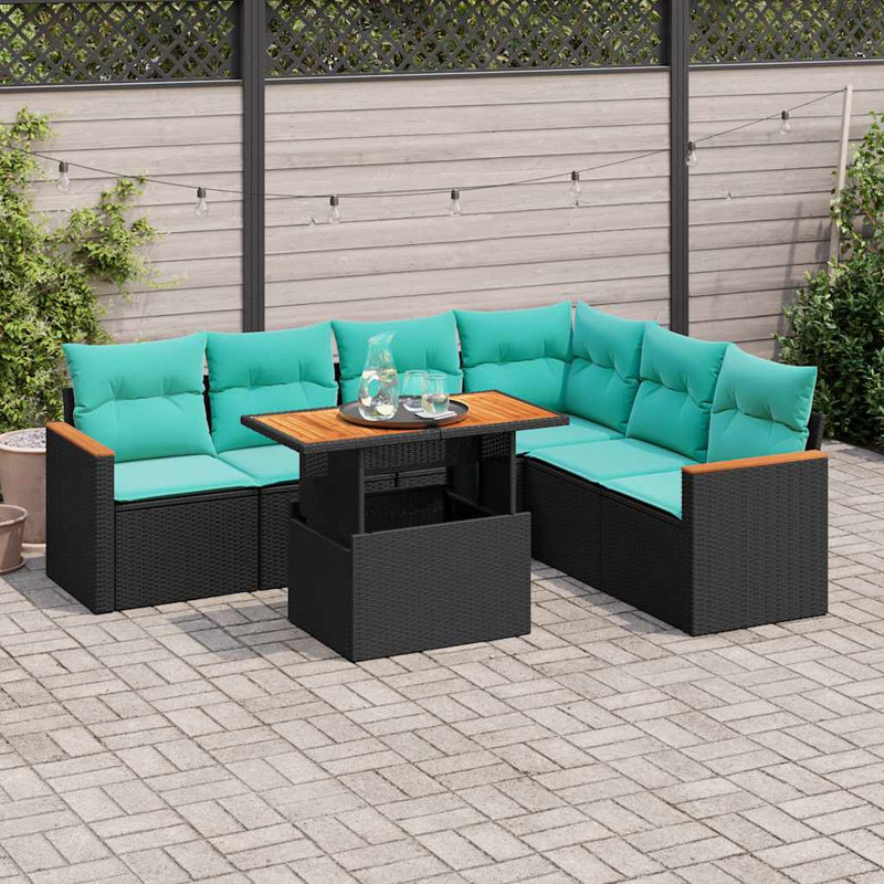  Ensemble de canapé de patio 7 pièces avec coussins en rotin de polyester noir