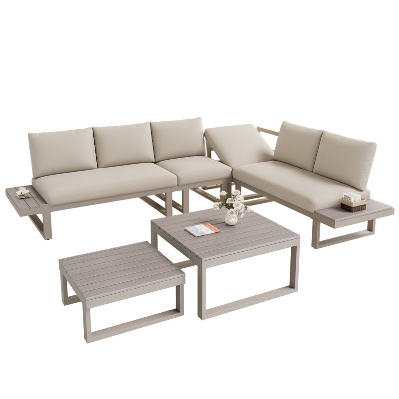 6-Seat Outdoor Corner Sofa Set With 2 Tables - Adjustable Recliner, Galvanized Steel Frame, Modular, khaki
