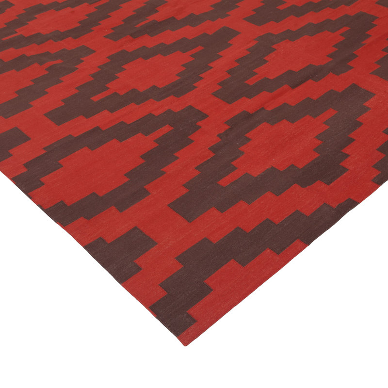 Brown & Red Geometric Flatweave Cotton Rug, Rectangle 10' x 14'