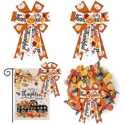 Lot de 2 nœuds décoratifs d'automne, nœuds citrouille orange pour couronne, style rustique, décoration de porte d'entrée, nœuds de récolte, décoration pour la fête de l'Action de grâce, intérieur et extérieur.