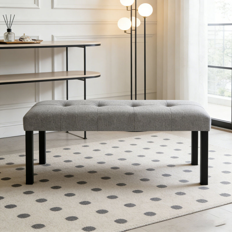 Modern Tufted Linen Dining Bench, Gris