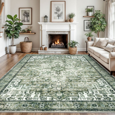 Bungalow Rose Washable Oriental  Area Rugs Non slip Green Rugs