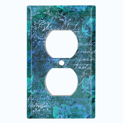 Metal Light Switch Plate Outlet Cover (Teal Blue Grey Letter Writing  - Single Duplex)