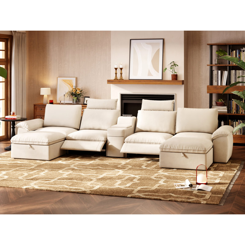 Canapé inclinable électrique modulaire surdimensionné 6 places avec appui-tête, Tissu beige
