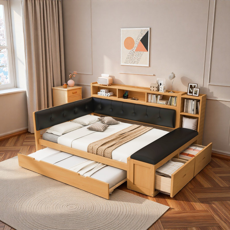 Comfortable Daybed With Trundle, Storage Shelves, Bench, Charging Station And Upholstered Headboard, Black/Natural