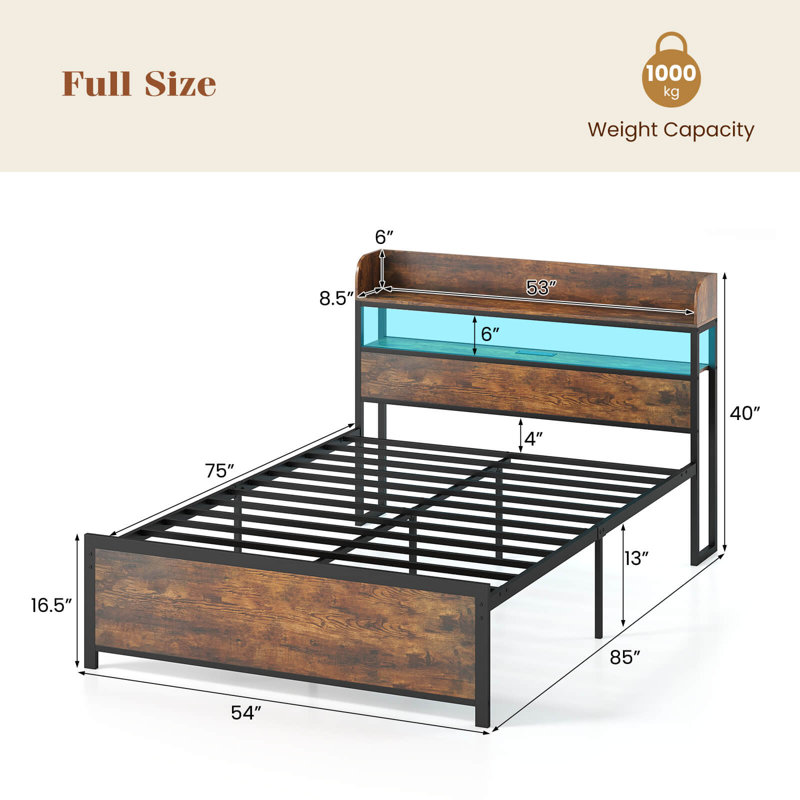 Full Bed Frame with LED Lights Power Outlets Storage Headboard Metal Slat Support