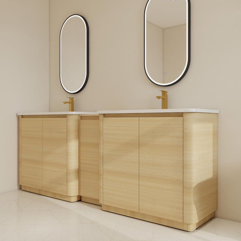 Ensemble de meuble-lavabo double autoportant 84 po avec lavabos en céramique et tablettes réglables 84 po, 84", Beige