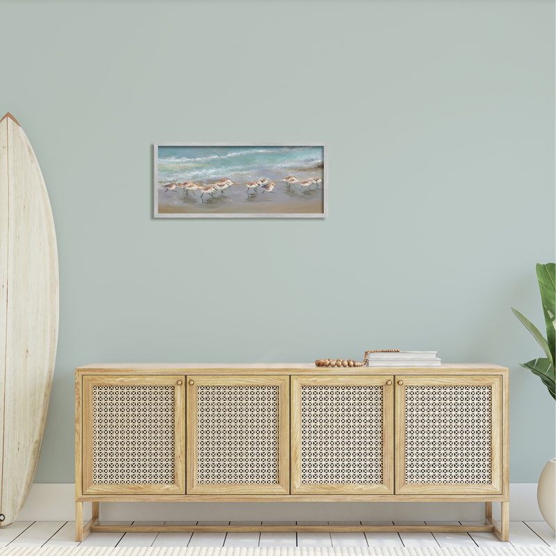 " Sandpiper Flock Shoreline Splashing " by Rick Novak Painting Print, 13" H x 30" W x 1.5" D, Gray