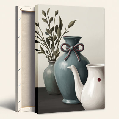 Blue Vase with Red Bow and White Pitcher Canvas Wall Art