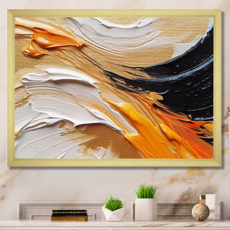 «Orange» et «Mystic Spirals» orange et noir, Cadre doré simple, H 30 po x l 40 po x P 1,5 po