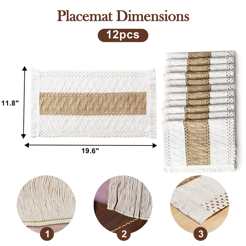 Napperons en lin et coton bohème, 12 pièces crocheté beige et blanc, 12 po x 20 po