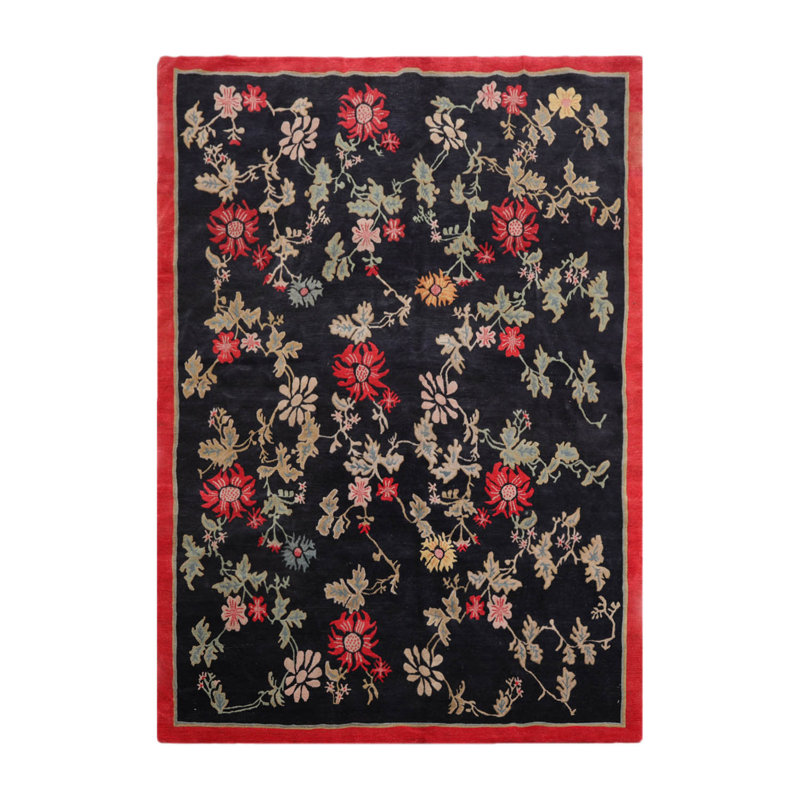 Tapis bleu nuit / rouge en laine noué à la main de conception unique 6 pi 1 po x 8 pi 8 po New Age Aryianna