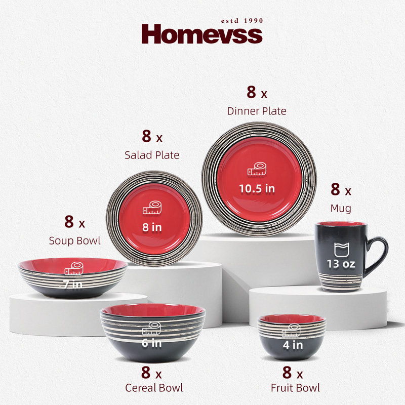  HomeVSS 48-Piece Tree Bark Stoneware Dinnerware Set, Service for 8, Strawberry