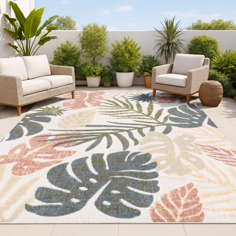 Tapis d'intérieur / extérieur Monstera, Rectangulaire 3 pi x 5 pi, Crème / Multicolore