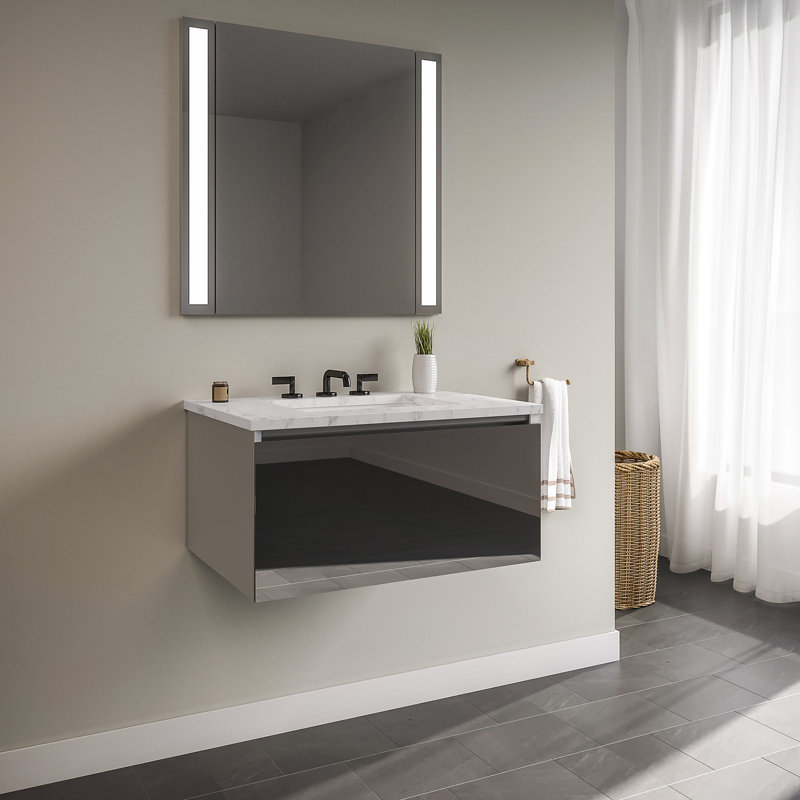 Curated Cartesian 25" Wall-Mounted Single Bathroom Vanity Set, Silestone Lyra, Gray Mirror, 25" Width