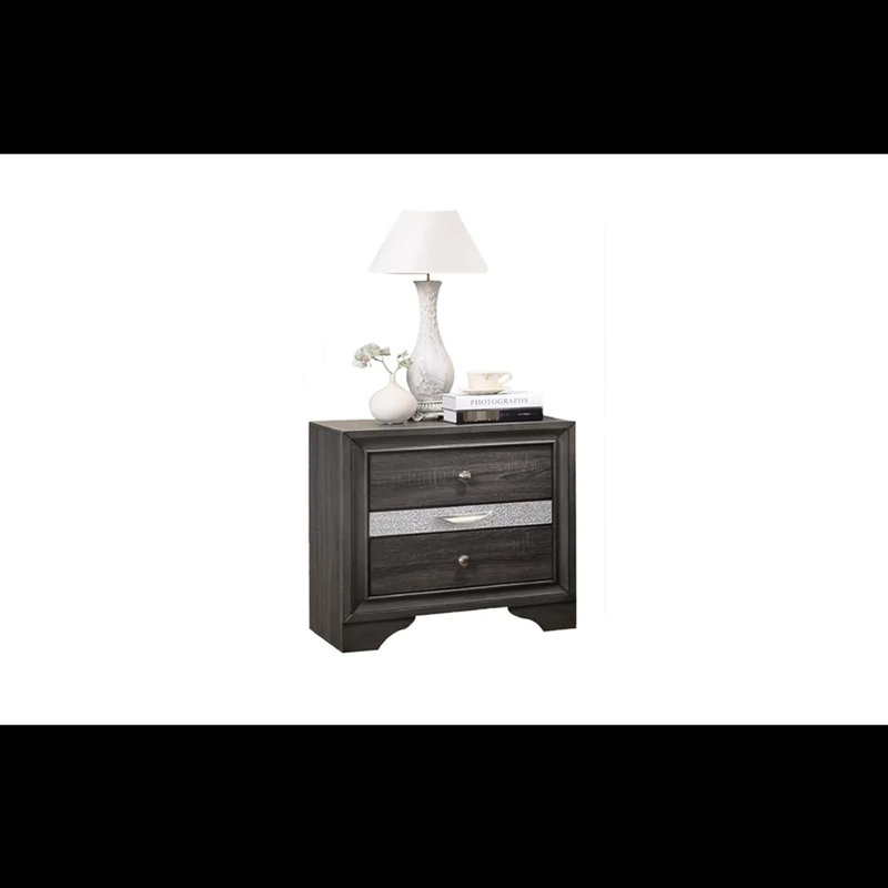 Élégante table de chevet en bois gris avec poignées en métal et 2 tiroirs pleine extension