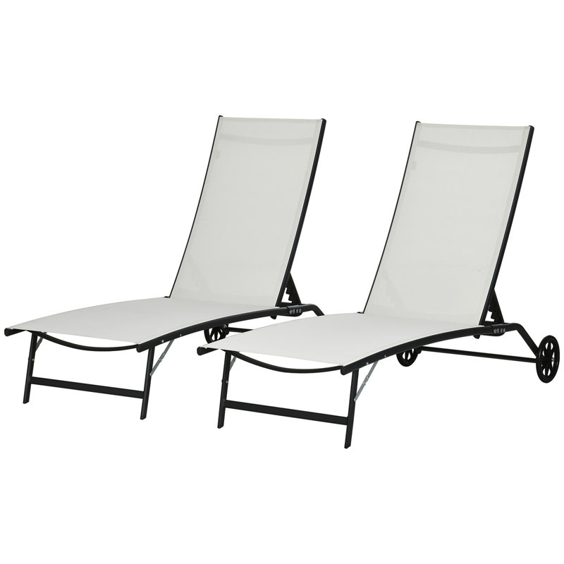 Outsunny Chaise Lounge Outdoor, 2 Piece Lounge Chair With Wheels, Tanning Chair With 5 Adjustable Positions For Patio, Beach, Yard, Pool, Cream White