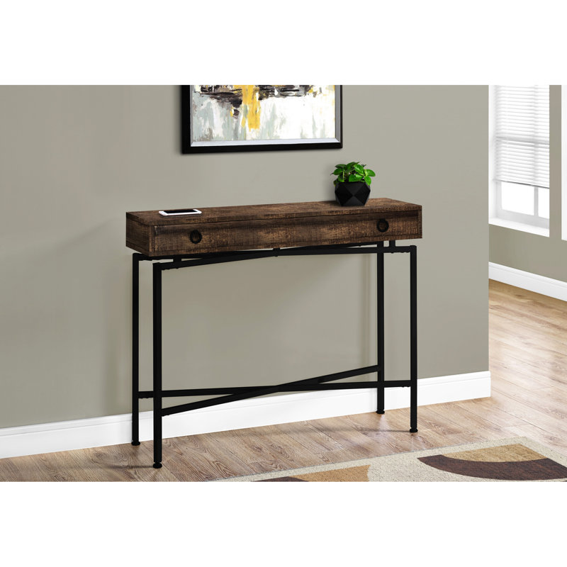 Console d'appoint moderne avec tiroir de rangement, fini stratifié brun et base en métal noir, idéale pour le salon ou la chambre à coucher.