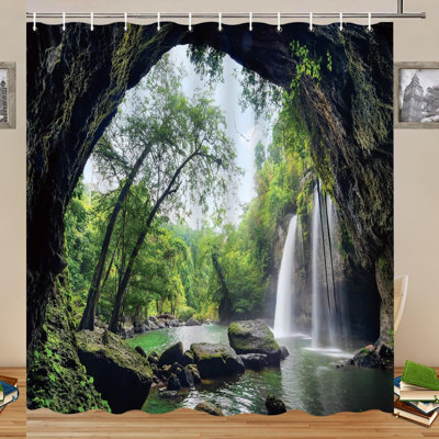 Nature's Cascade Shower Curtain: Forest Cave Waterfall Scenery, Polyester Fabric with Hooks