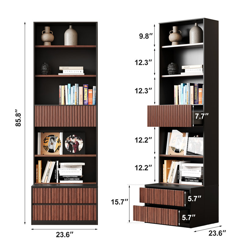 Selznick 85.8'' Tall Bookcase with Movable Footstool and Open Shelves Storage Drawers, Black/Brown