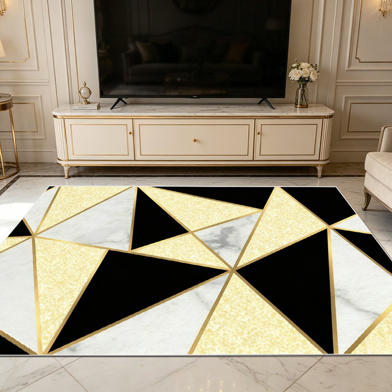 1PC Geometric Triangle Marble Gold Trim Black Modern Luxury Pattern area rugs for Living Room, Soft and Comfortable, Suitable for all seasons, easy-to-maintain, machine washable Indoor floor mat, Under Table Farmhouse suitable for dining room,
