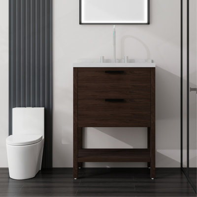 Meuble-lavabo autoportant de 24 po avec lavabo, tiroir à fermeture en douceur, comptoir en marbre de culture blanc Carrara de 2 po et dosseret, contreplaqué