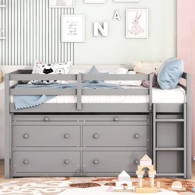 Lit mezzanine gris avec tablettes latérales et bureau - Créez une chambre fonctionnelle et escamotable