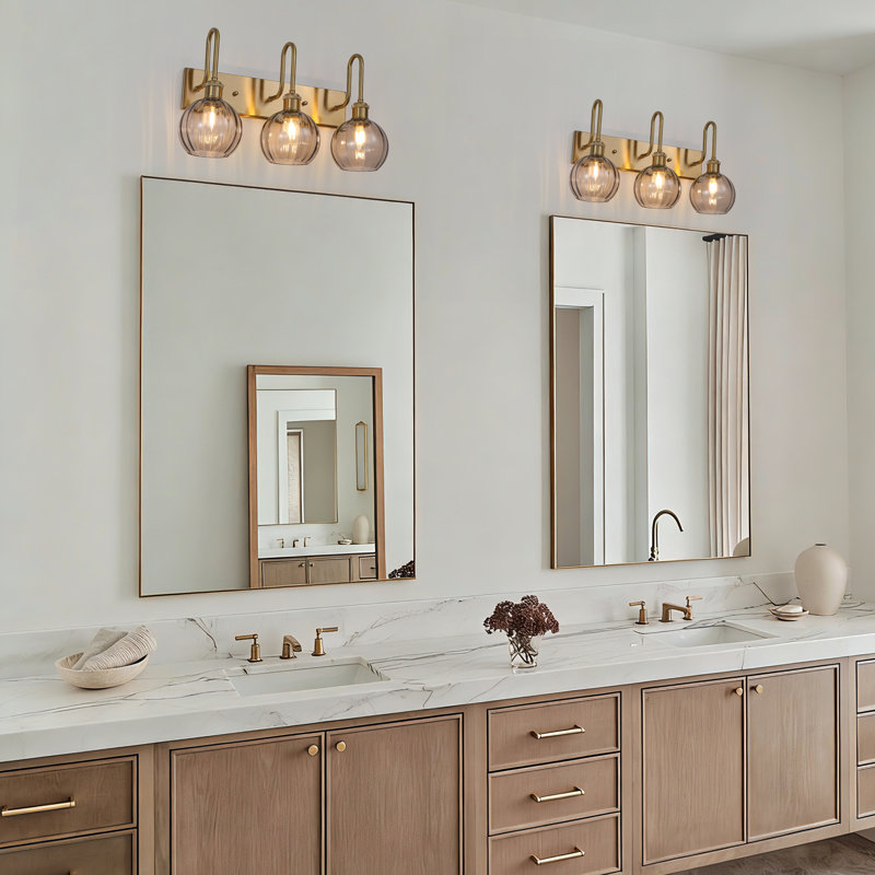 3-Light Dimmable Sphere Globe Ribbed Glass Bathroom Vanity Light, Brushed Gold