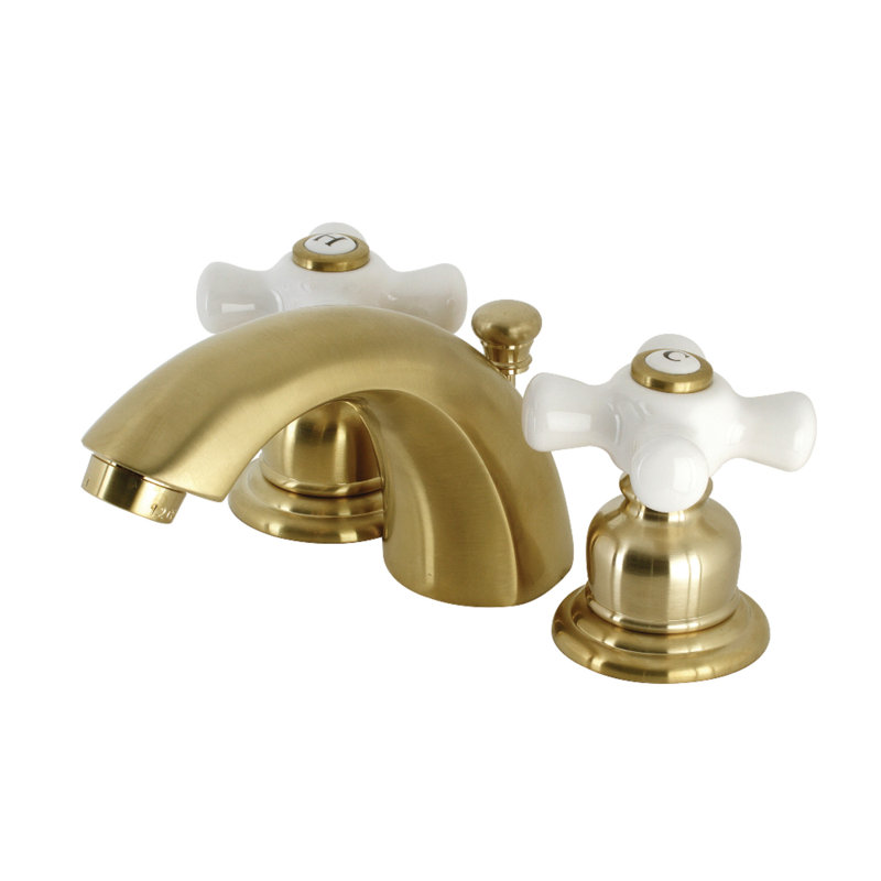 Kingston Brass Victorian Two-Handle 3-Hole Deck Mount Mini-Widespread Bathroom Faucet with Plastic Pop-Up, Brushed Brass