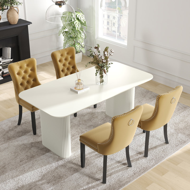 Ensemble de salle à manger rectangulaire à double piédestal avec table de salle à manger de style crème, 5, Blanc, Jaune