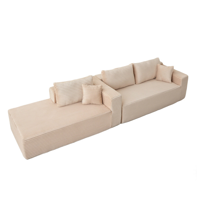 2-Piece 110" L-Shape Corduroy Upholstered Modular Sectional Sofa with 2 Pillows, Beige Corduroy