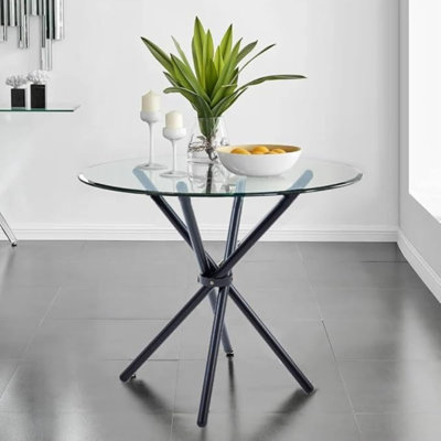 Table ronde en verre avec pieds en acier inoxydable pour la cuisine, le salon, les petits espaces et les coins repas