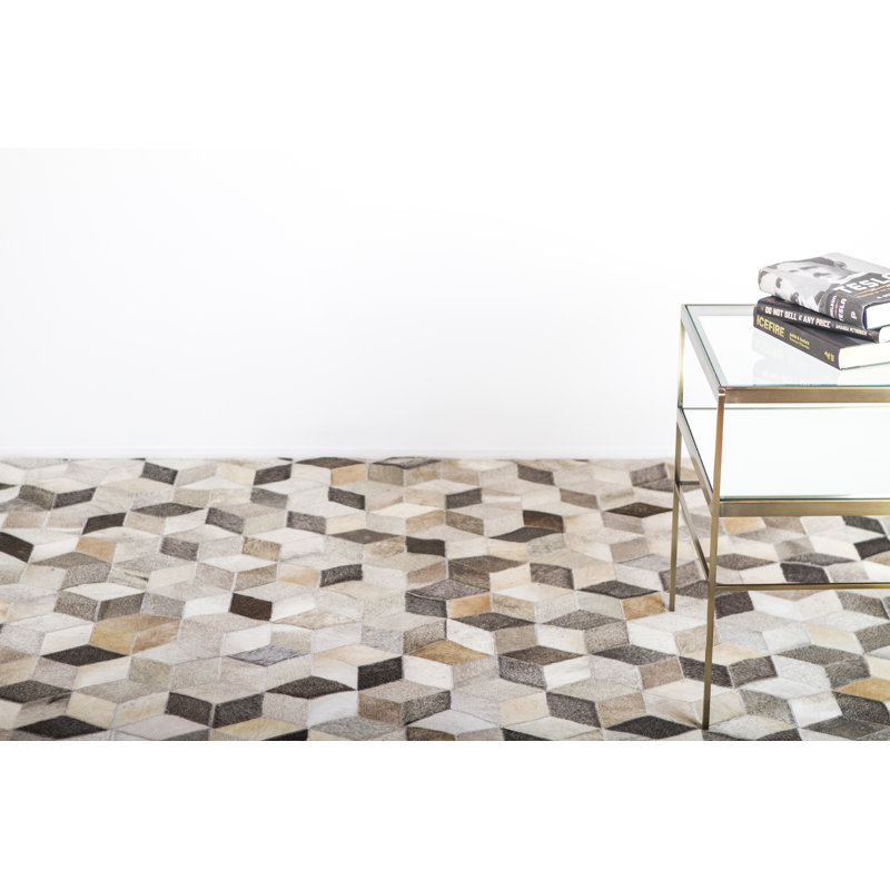 Natural Hide Cowhide Geometric Area Rug in Silver, Rectangle 11'6" x 14'6"