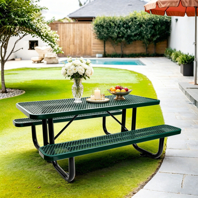 Table de pique-nique rectangulaire en acier de 6 pi avec poteau de parasol en vert pour patio, cour et jardin, finition résistante à la rouille