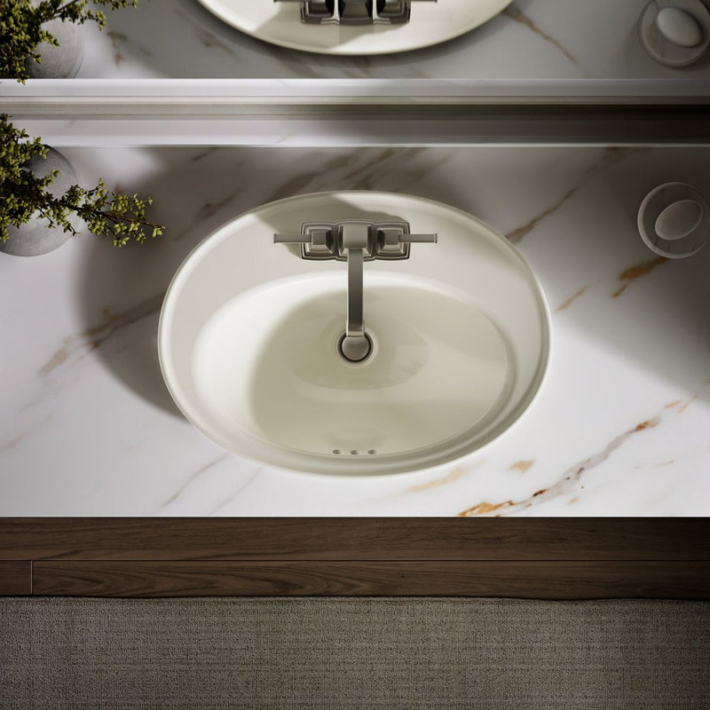 Serif Ceramic Oval Drop-In Bathroom Sink with Overflow, Biscuit, 4'' Centerset