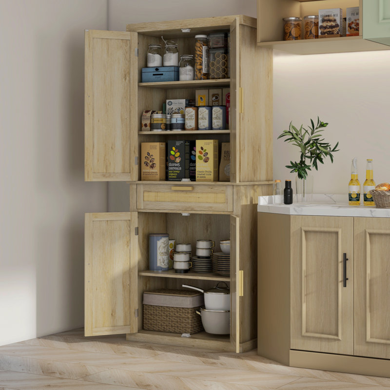 Oak and Rattan 72" Tall Kitchen Pantry Storage Cabinet