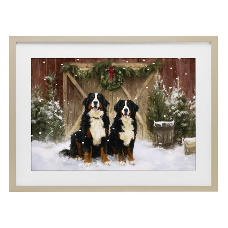 «Barnyard Bernese Mountain Dogs», reproduction sous verre encadrée, design par Tina LeCour, H 17 po x l 23 po