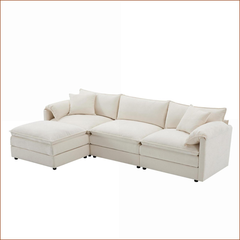 Canapé modulaire, canapé en chenille modulaire en L de 103,5 po avec assise profonde Repose-pieds pour salon | Chenille | Crème