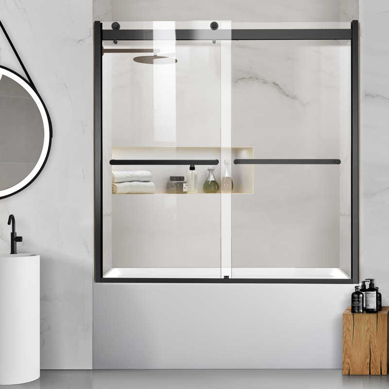 56-60X62" Semi-Frameless Double Sliding Bathtub Door with 5/16" (8 mm) Tempered Nano Coating Glass and Stainless Steel Towel Bar